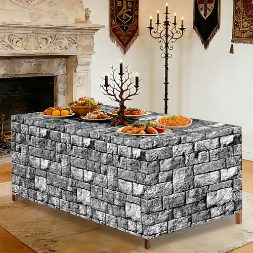 Medieval Brick Stone Wall Tablecloth 6Ft Halloween Castle Table Cover