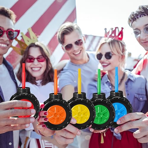 12 Pack Monster Truck Cups with Lids & Straws - 17 oz Plastic Tire-Shaped Drinkware for Kids - Variation of THIS listing: 12