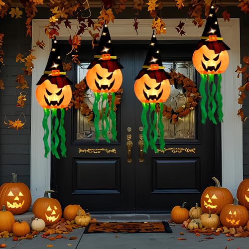 Halloween Glowing Pumpkin Witch Hat Decorations Set - 4 Pack with 3 Light Modes