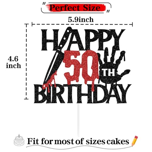 Black Glitter Killer Happy 50th Birthday Cake Topper - Halloween Horror Theme - Variation 50