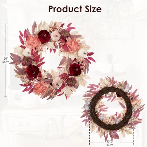 Artificial Fall Wreath with Velvet Pumpkins & Pink Maple Leaves - Red 26 Inch