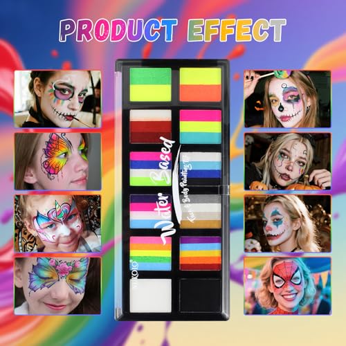 Water-Based Rainbow Face Paint Kit for Adults - 12 Colors & 4 Brushes, Halloween & Cosplay