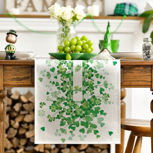 St. Patrick's Day Table Runner 13x90 Inch Clover Leaves Heart Decor Green