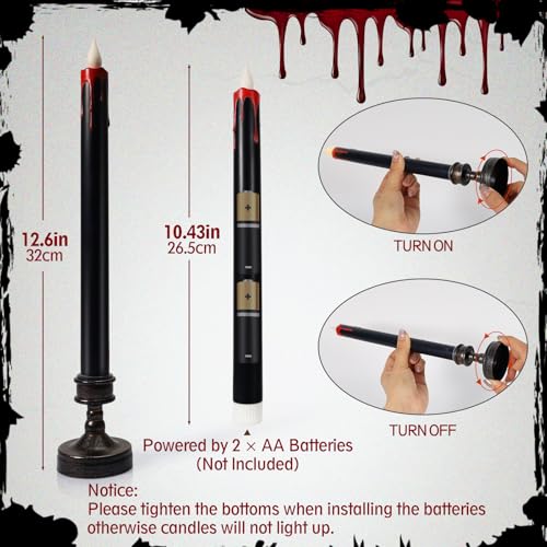 Black Flameless Bleeding Taper Candles with Base - Halloween Set, 8 Pack, Blood Variation