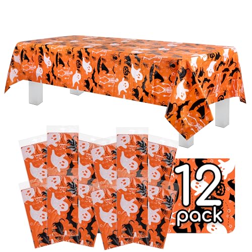 Halloween Skeleton Tablecloth 54x108 Inches - Orange Disposable Rectangular Cover (12 Pack)