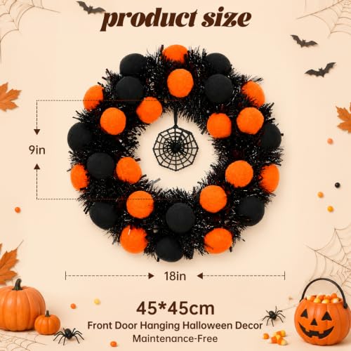 18-Inch Halloween Wreath for Front Door - Black & Orange, Foldable Halloween Decor