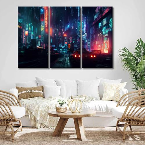 Cyberpunk Wall Art Set - 3 Panels, Cityscape Night Scene, Framed Ready to Hang - 40x60 Inch Variation of THIS listing