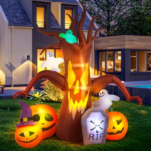 8Ft Halloween Inflatable Dead Tree with Ghost Pumpkins & LED Lights Outdoor Decoration - Yard Inflatable