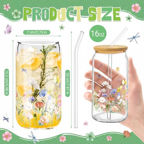 Wildflower Floral Glass Drinking Cups with Lids - 12 Pack, 16oz, Borosilicate