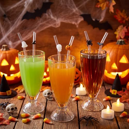 Halloween Reusable Glass Drinking Straws - Spider Ghost Pumpkin Bat Design, 6 Pack