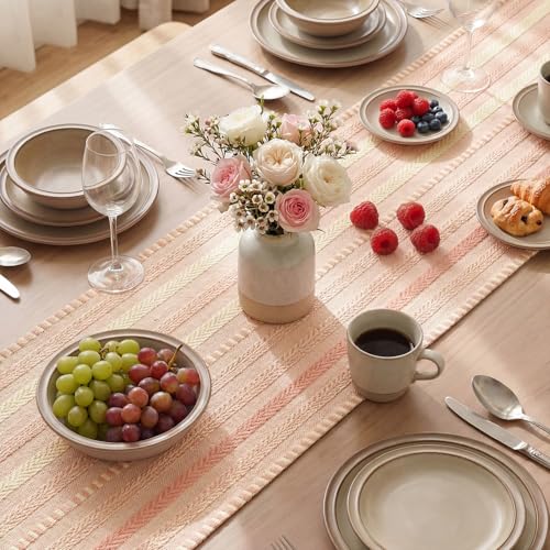 Pink Farmhouse Striped Braided Table Runner 12x120 Inch - Artoid Mode