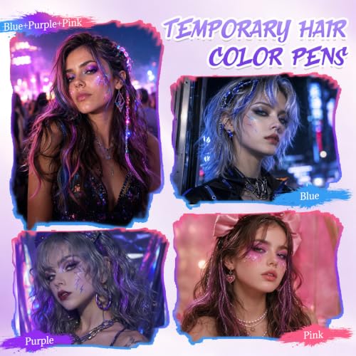 Temporary Sparkle Hair Chalk Stick Set - Blue, Purple & Pink with Comb Tip