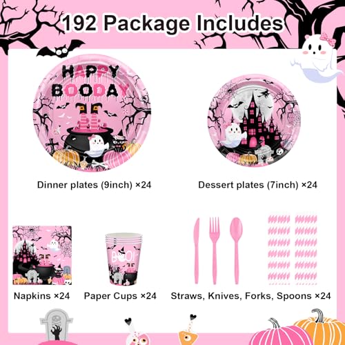 Pink Halloween Birthday Party Plates Napkins Cutlery Set for Kids - 192 Pcs