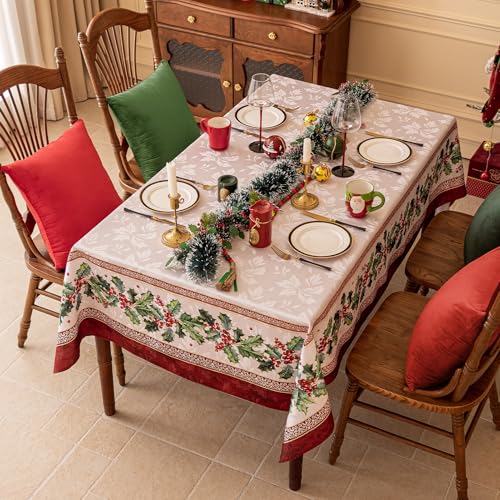 Holly Christmas Jacquard Rectangle Tablecloth 60 x 102 Inch - Holiday Decor