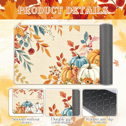 Fall Pumpkin Kitchen Mat Set - Autumn Fall Kitchen Rugs, 3-Piece with Non-Slip Backing