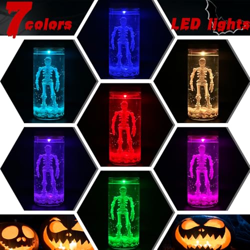Skeleton Water Lamp - Creepy Horror Skeleton in Jar with Skulls, White - Halloween Decor & Collector Gift