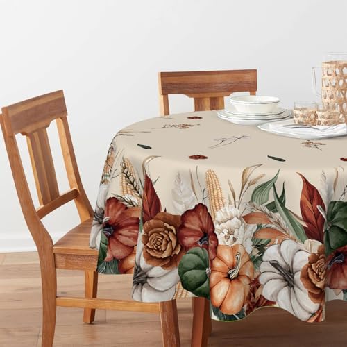 Horaldaily Fall Round Tablecloth 90 Inch Beige Flower Autumn Pumpkin