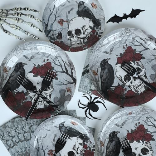Halloween Gothic Skull Party Plates Napkins Set - Rose Crow Dinnerware for Skeleton Day of The Dead, 200pcs