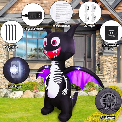 6.8 FT Halloween Inflatable Skeleton Dragon with LED Lights Outdoor Yard Decoration - Giant Blow Up Halloween Dragon - Front Lawn Garden Decor