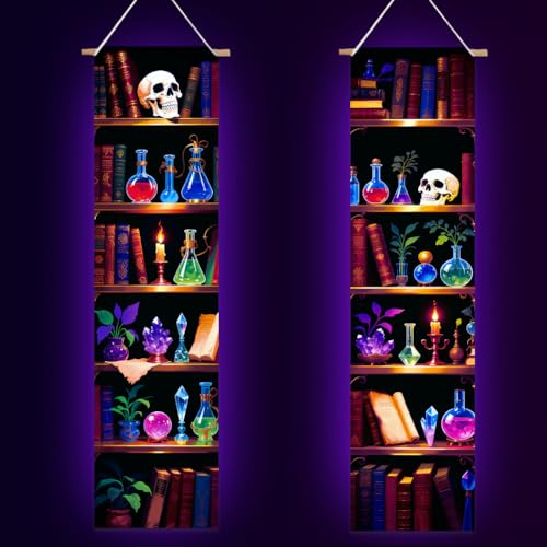 UV Reactive Black Light Tapestry - Magic Bookshelf Design, Trippy Wall Decor for Bedroom & Room Backdrop - 2 Pieces