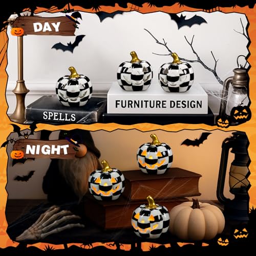 3 Pack Ceramic Pumpkin Lanterns with Tea Lights - Halloween Decor Set - Variation of 3