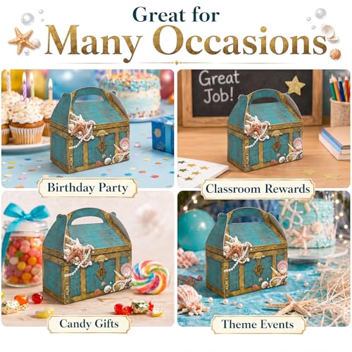 Ocean Treasure Box Set - 24 Cardboard Sea Chest Party Favors for Beach Birthday
