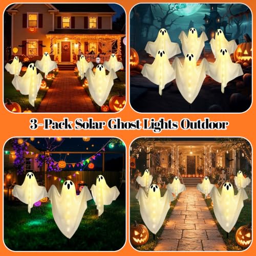 3-Pack Solar Ghost Lights Outdoor - 27.8 Inch Halloween Yard Decor, Light Up Ghost with 8 Modes & Adjustable Arms - Warm White Variation