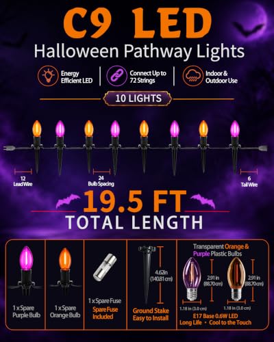 Halloween Pathway Lights 10-Pack Purple & Orange C9 LED Stakes - Outdoor Yard Decor