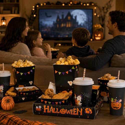 Halloween Movie Night Snack & Drink Set - 24 Sets of Trays Cups Straws