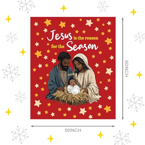 Christmas Throw Blanket with Nativity Design - Black Santa & Jesus - 50x60 Inch
