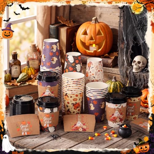 Halloween Disposable Coffee Cups 12 oz with Dome Lids & Sleeves Fall Ghost Style - 100 Pack