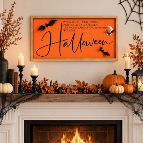 Halloween Wall Art Framed with 3D Bats - Orange Sign for Indoor Decor