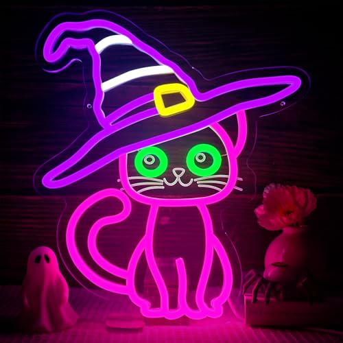 Halloween Cat Neon Sign Dimmable Multi-Color LED Halloween Decoration with Variation - White, Purple, Yellow, Green, Pink