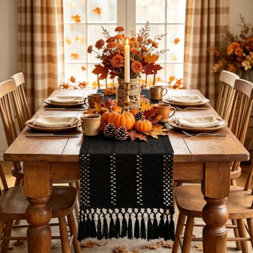 Yuboo 72 Inch Black Gothic Boho Table Runner with Tassels - Fall & Halloween Decor