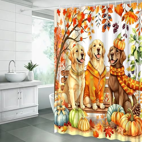 Orange Fall Dog Shower Curtain with Pumpkin & Maple Leaves - 70x70 Inches, Rustic Bathroom Decor with Hooks
