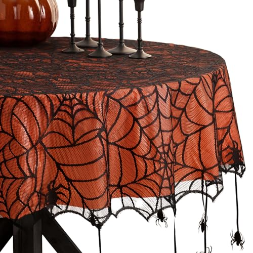 Halloween Spider Lace Tablecloth - Black, 70-Inch Round, Contemporary Style