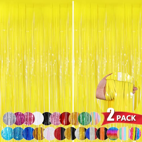 Yellow Tinsel Backdrop Foil Fringe Curtains - 2 Pack Party Decor