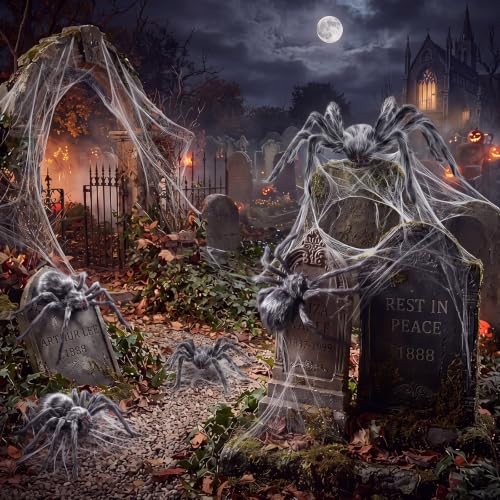 Halloween Gray Spider Decorations Set - 5 Realistic Plush Spiders with Adjustable Legs