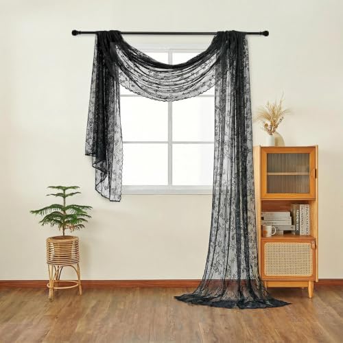 NAPEARL Black Lace Bed Curtain - 57 x 216 Inch Floral Drapery for Canopy & Window Decor - Variation: Black Ginkgo Lace 54"W x 216"L