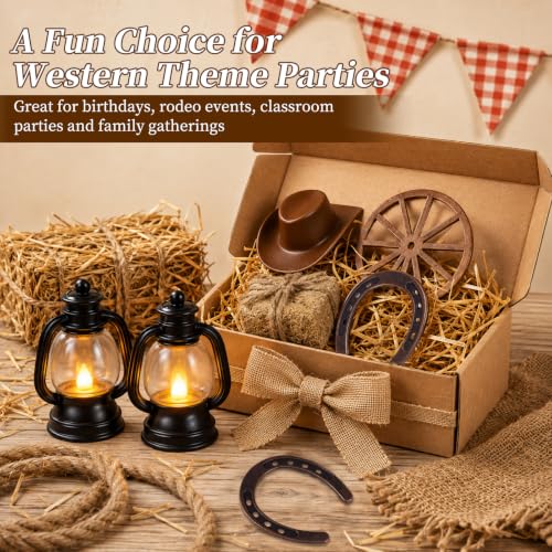 Western Cowboy Party Decorations Set - Rustic Table Centerpieces with LED Lanterns, Hats, Horseshoes, Wagon Wheels & Hay Bales, 40 pcs