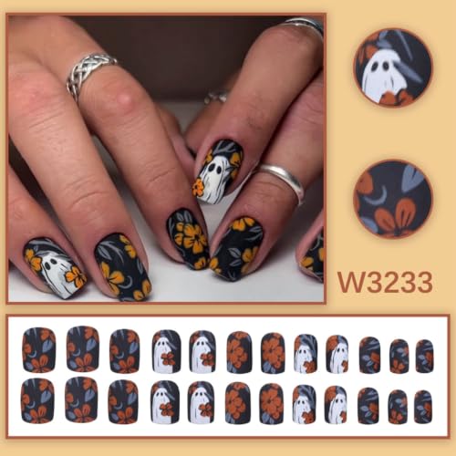 Halloween Press On Nails Medium Square Matte Black 24P - Black-9