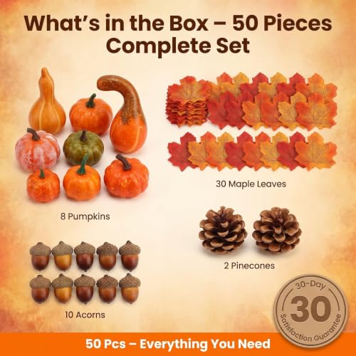Fall Decor Set with Mini Pumpkins, Maple Leaves, Pinecones & Acorns - 50 Pieces