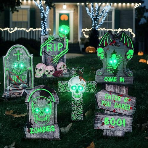 Halloween Tombstone Decorations - Glow in the Dark Outdoor Cemetery Set - 6 Pack with LED Lights - Spooky Yard Decor
