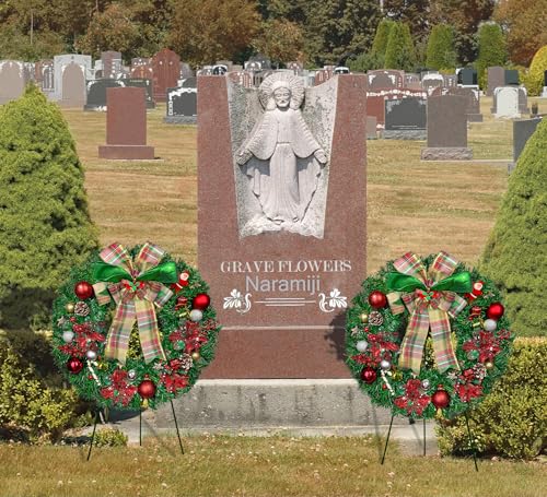 Christmas Cemetery Wreath with Stand - Poinsettias, Bow, All-Weather Decor