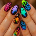 Halloween Press On Nails Medium Almond Style27 Colorful Ghost & Spider Web Design