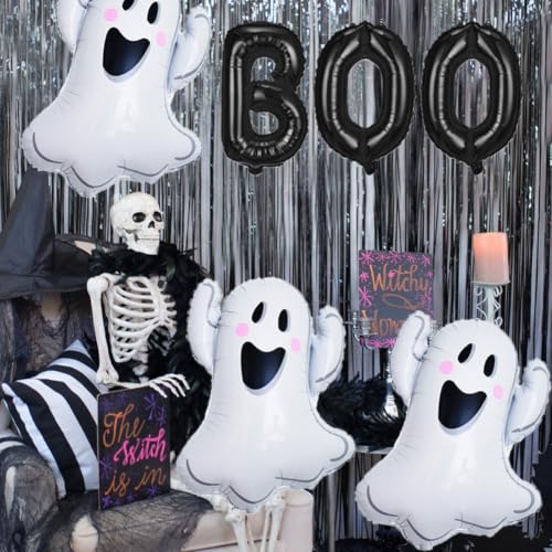White Ghost Foil Balloons Set with BOO Letters Halloween Party Decorations - 6 Pieces