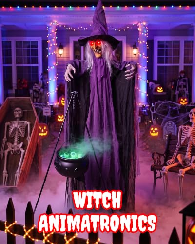 Life Size Halloween Animatronic Witch with Cauldron & Lights - Sound Activated, Spooky Yard Decor