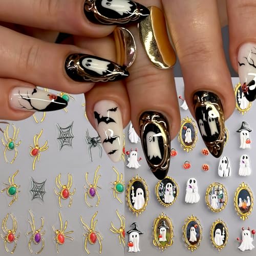 Halloween Ghost and Spider Nail Stickers - Relief Spider Variation, 5D Self-Adhesive Nail Art Decals, 2 Sheets
