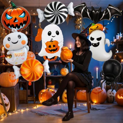 Halloween Foil Balloons Set - Ghost Pumpkin Spider Candy Balloons - Red Variation