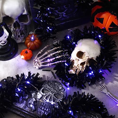 Halloween Tinsel Garland with 50 LED Lights, Black and Purple, 16.4ft Decor